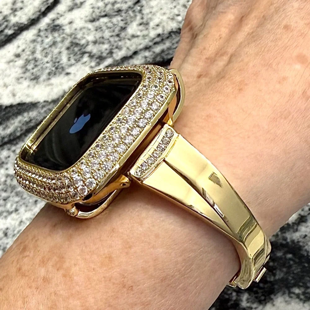 2 pc Apple Watch set yellow gold lab diamond case and crystal band classy bling
